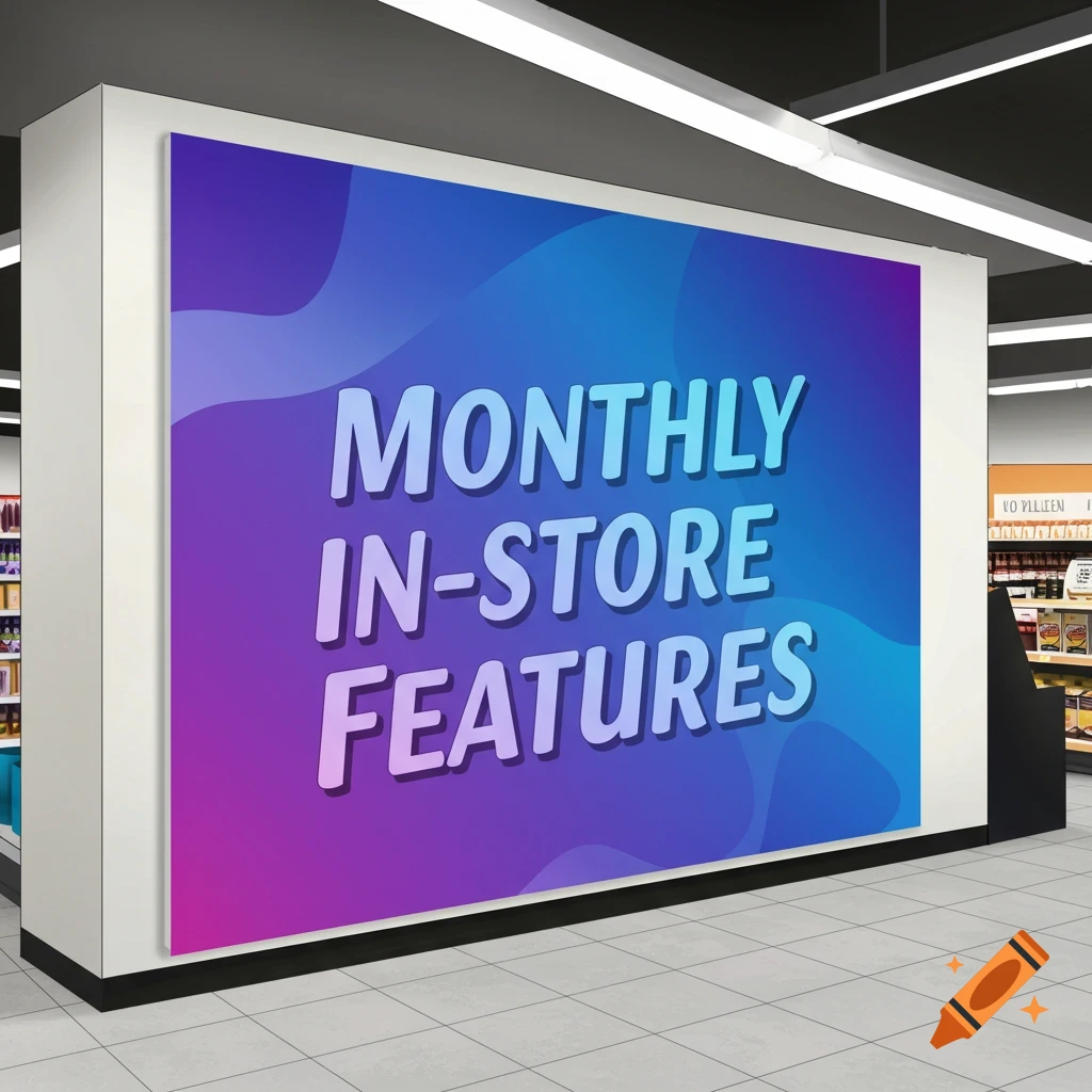 Banner reading MONTHLY IN-STORE FEATURES in a store