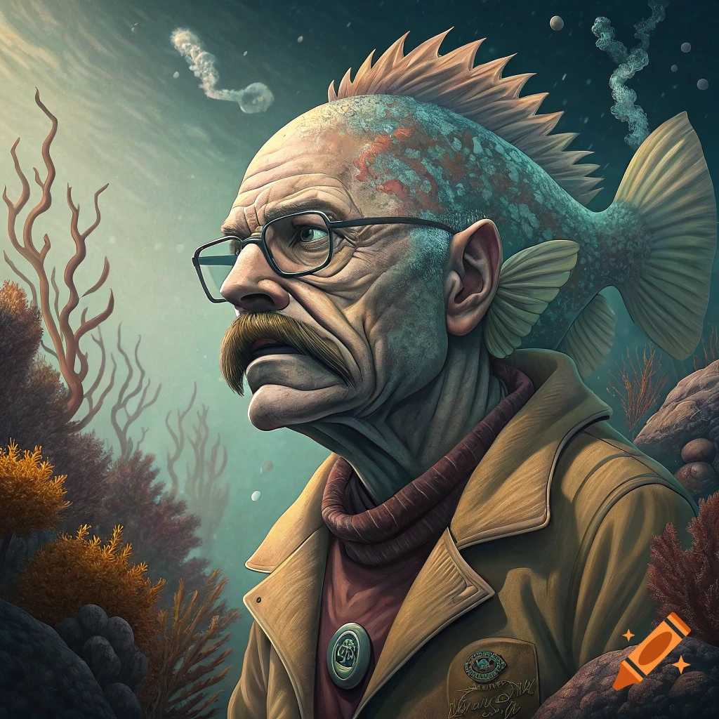 A man with fish features and glasses wearing a coat underwater.