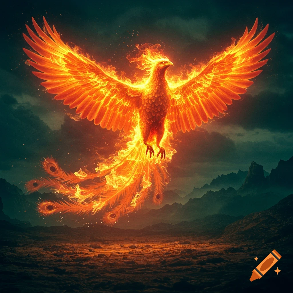 A hyper realistic fiery phoenix flying over a rocky landscape under a dramatic sky.