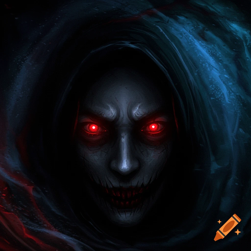 Close-up of a scary face with glowing red eyes peering from a dark hood.