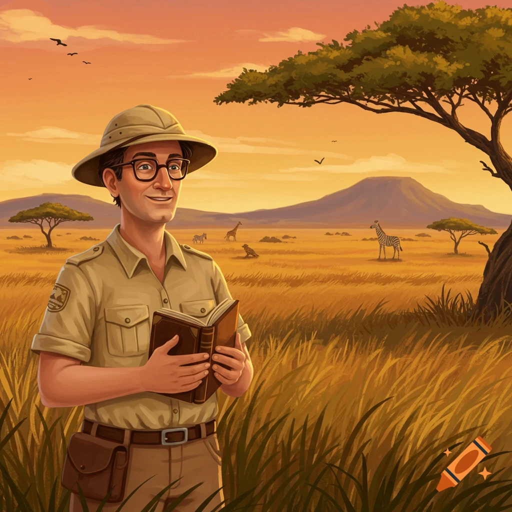 A librarian in safari gear is reading a book in a savanna with animals.