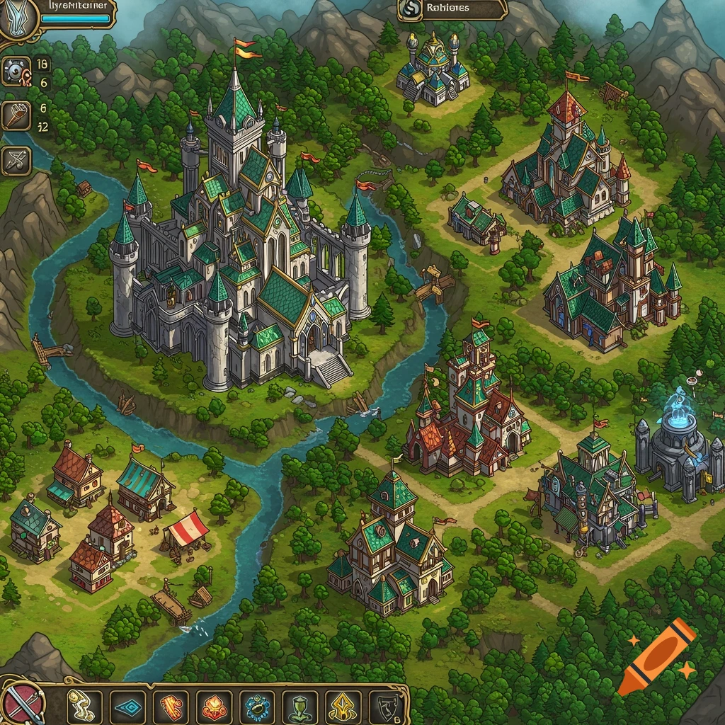 Isometric fantasy castle and city with river and forest, game art style
