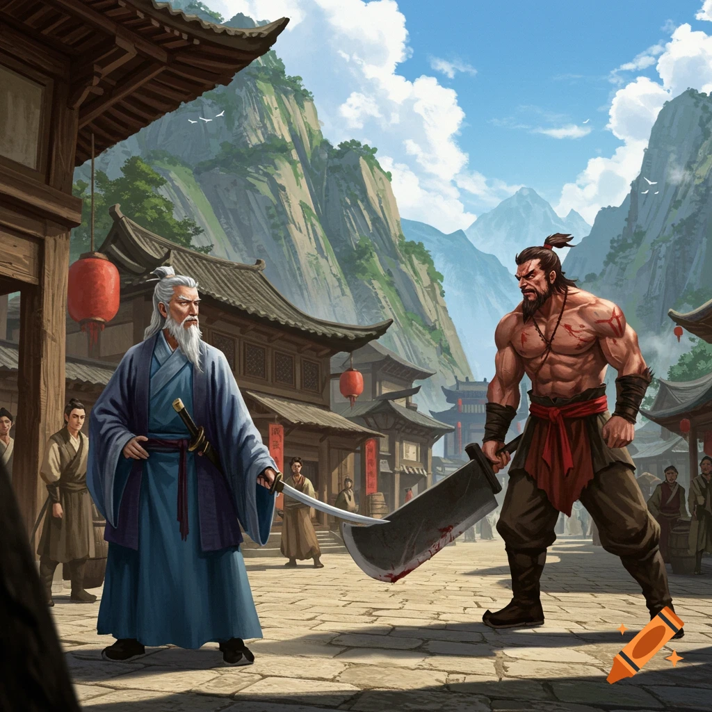 An older master swordsman faces off against a muscular warrior with a large cleaver in a traditional mountain town square.