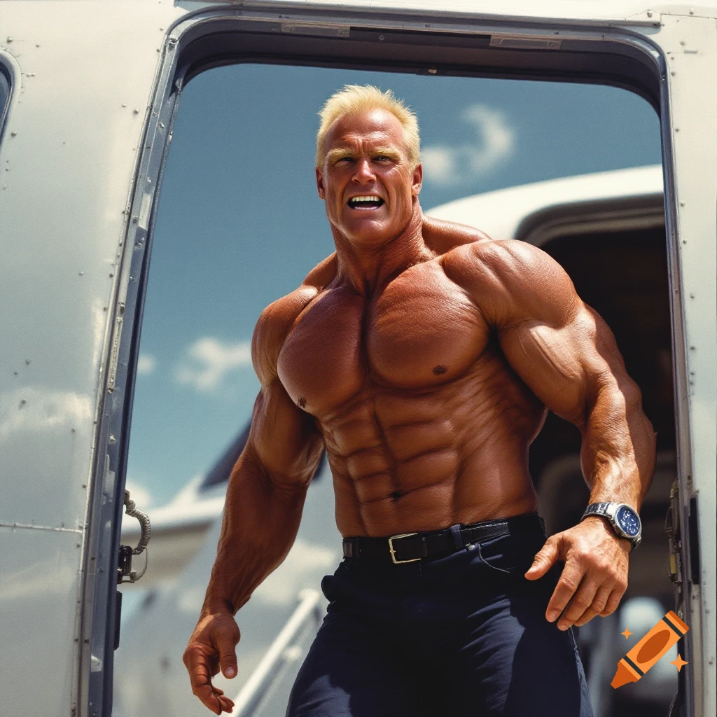 Extremely muscular man opening airplane door
