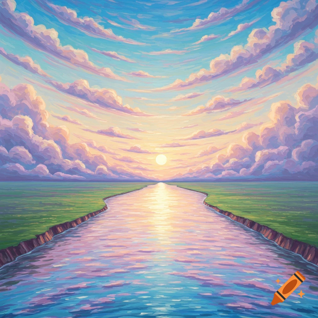 A river flows towards the sun under a colorful sky with clouds, flanked by green fields