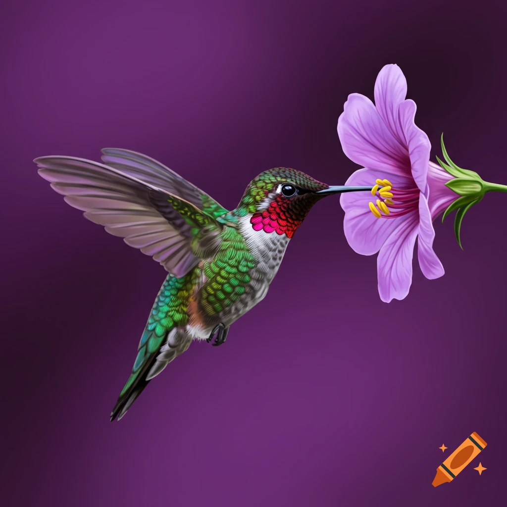 A hummingbird drinking from a purple flower.