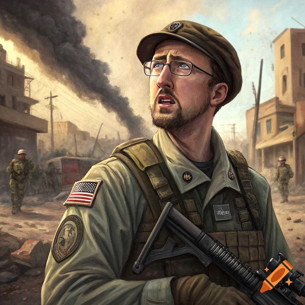 Illustrated portrait of a soldier in glasses looking shocked in a destroyed city street.