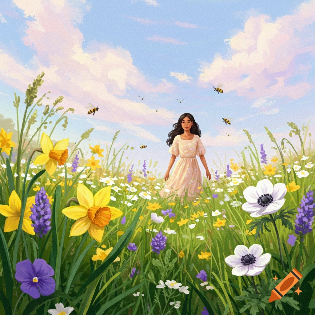 A person stands in a field of colorful flowers with bees flying around.