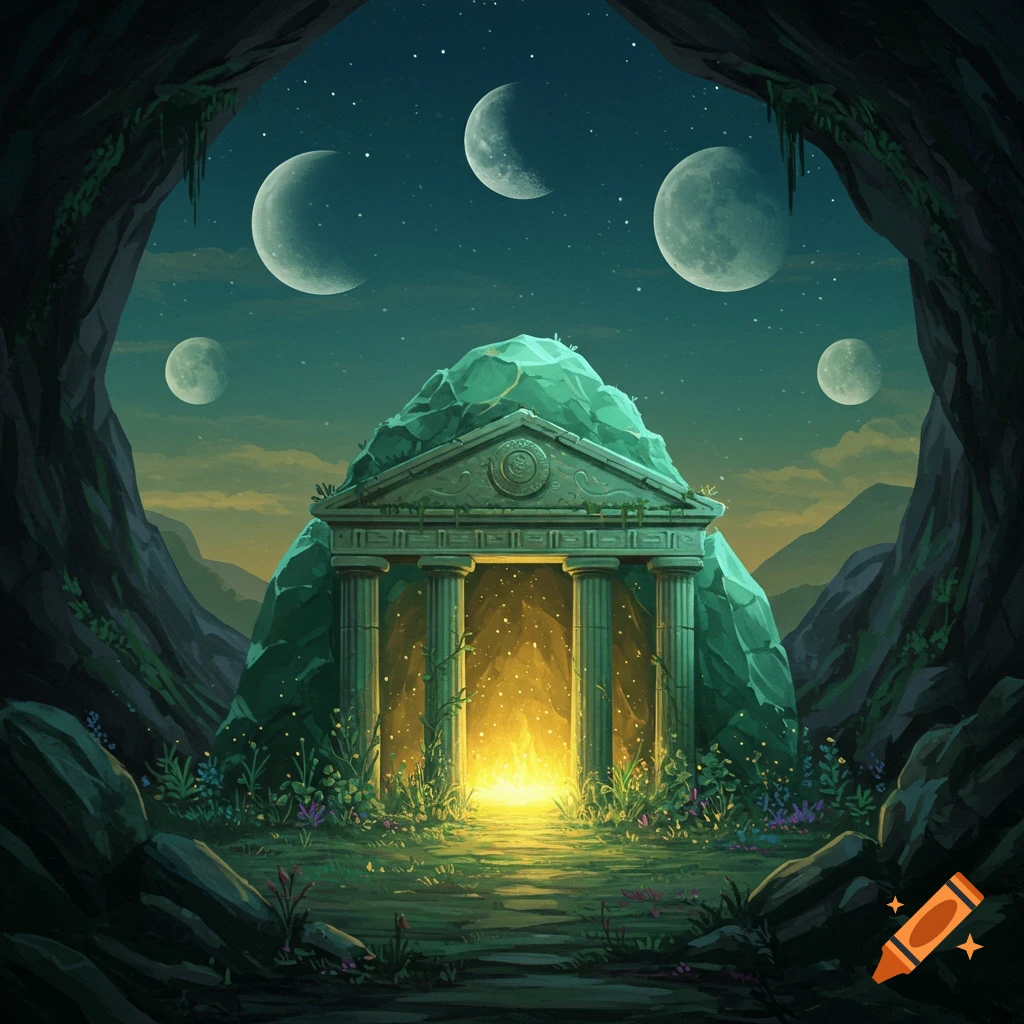 An ancient temple nestled within a cave, illuminated by the soft glow of unseen plants. The sky above is a spectacle of multiple moons.
