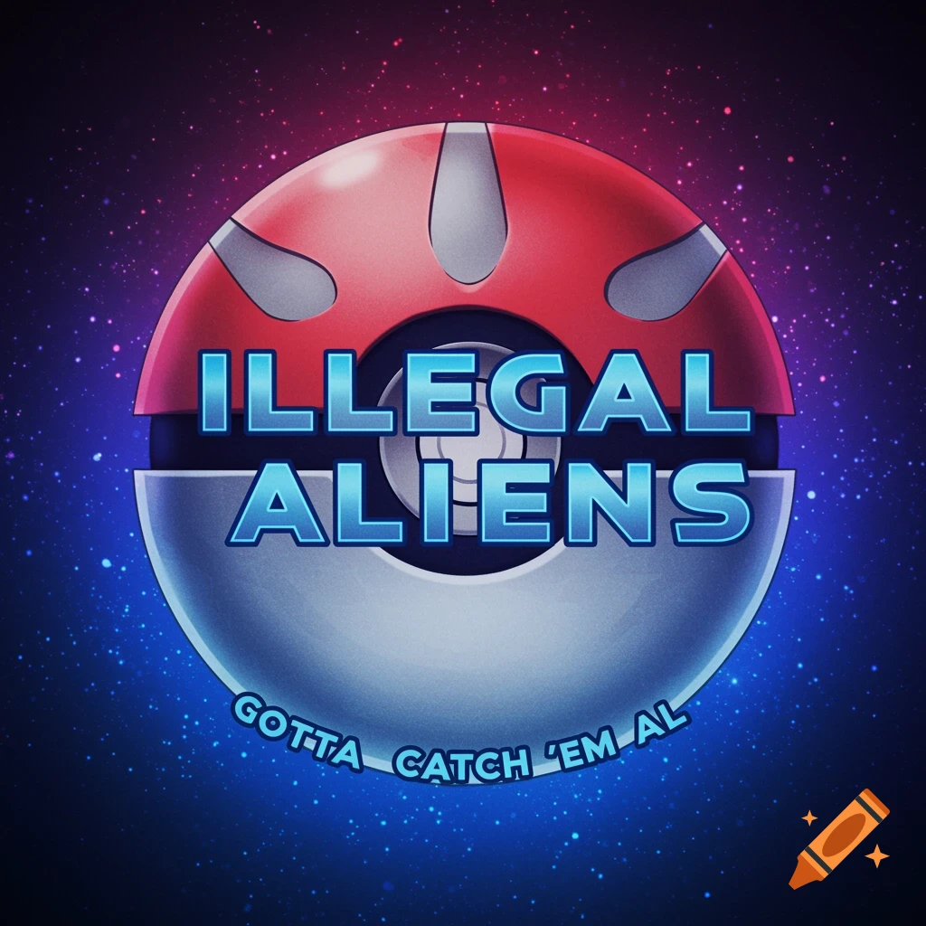 Pokemon-style logo featuring a Pokeball with 'ILLEGAL ALIENS GOTTA CATCH 'EM AL' text on a starry background.