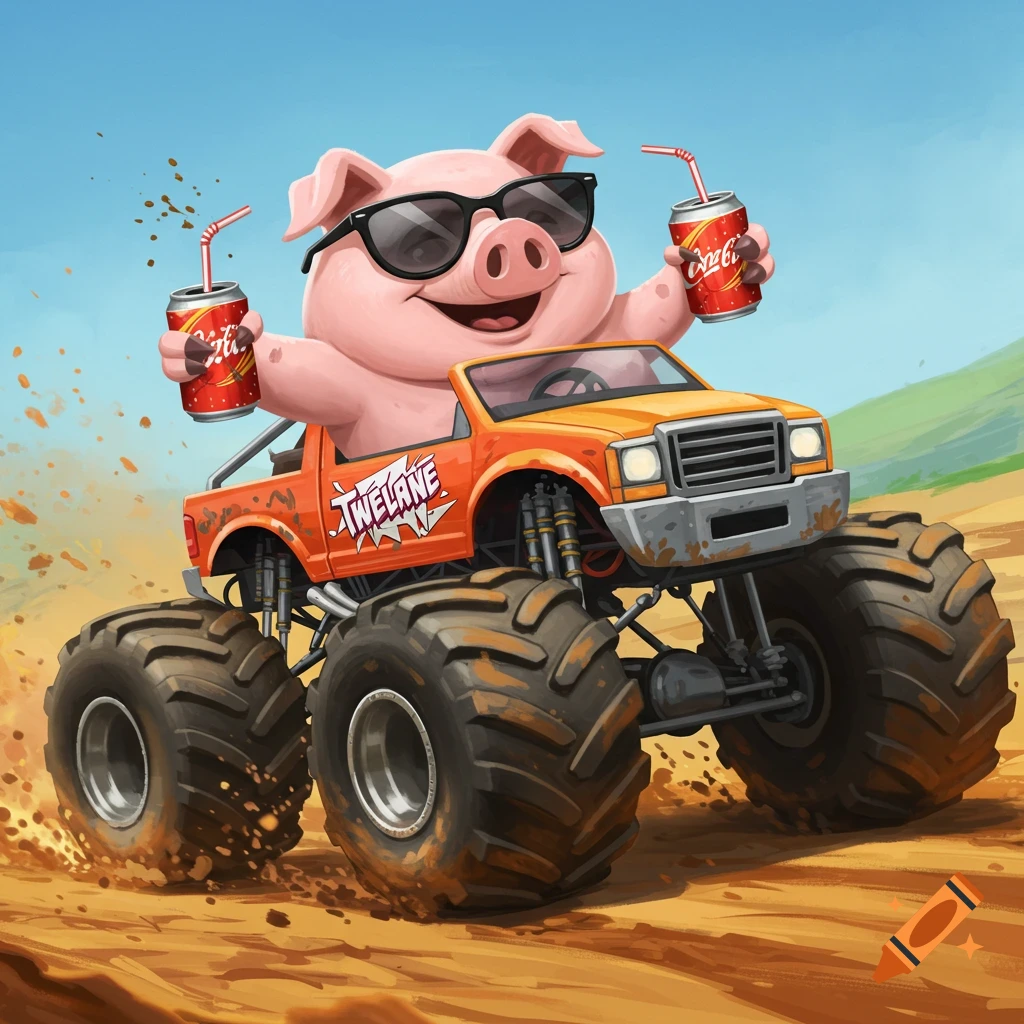 A cartoon pig wearing sunglasses drives an orange monster truck, holding two soda cans.