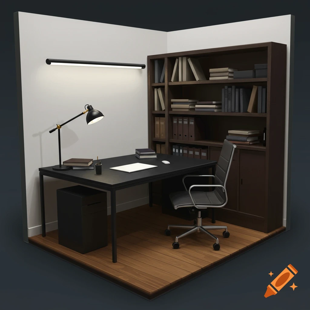 A small office with a black desk, chair, and dark brown bookcase.