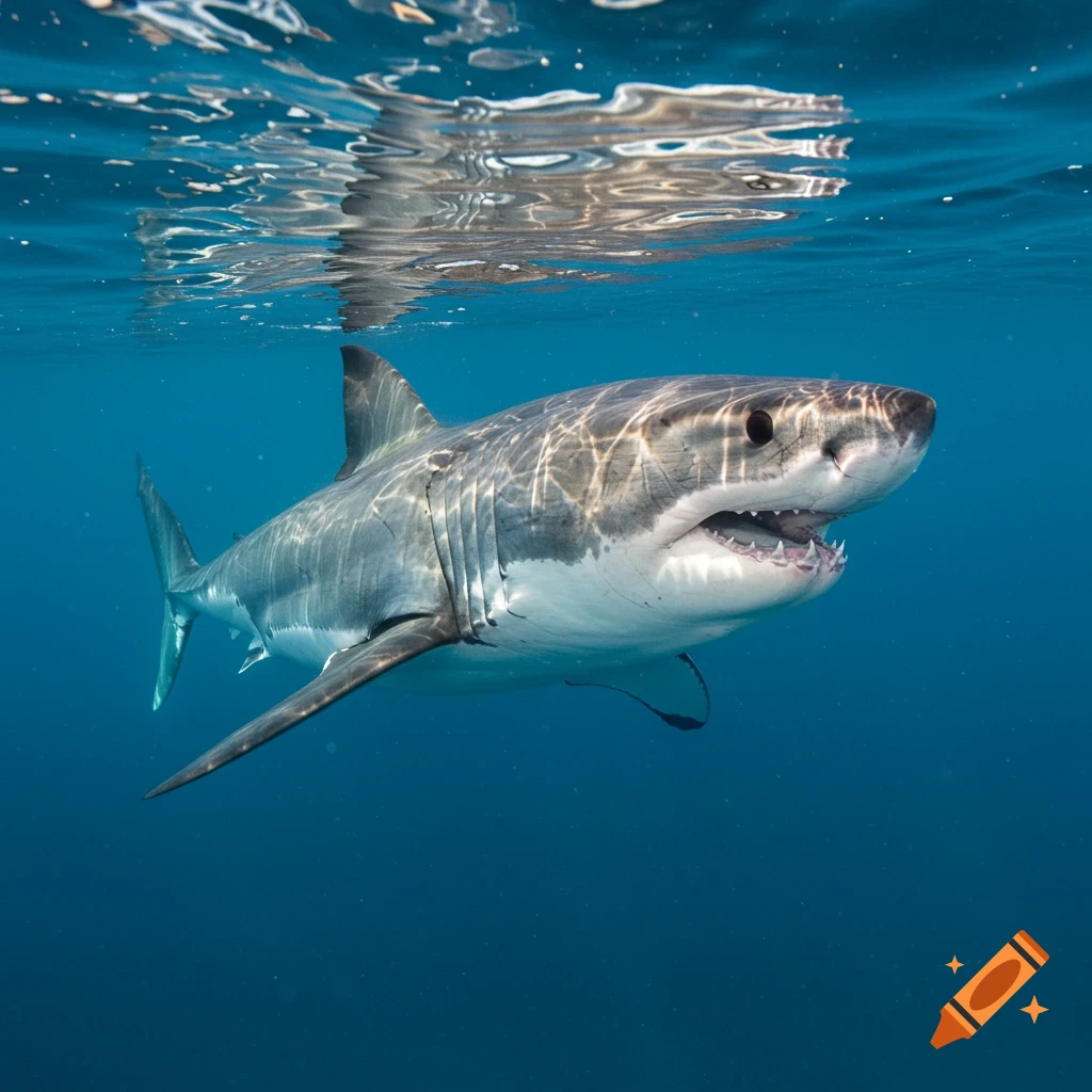 A great white shark swims near the surface underwater.