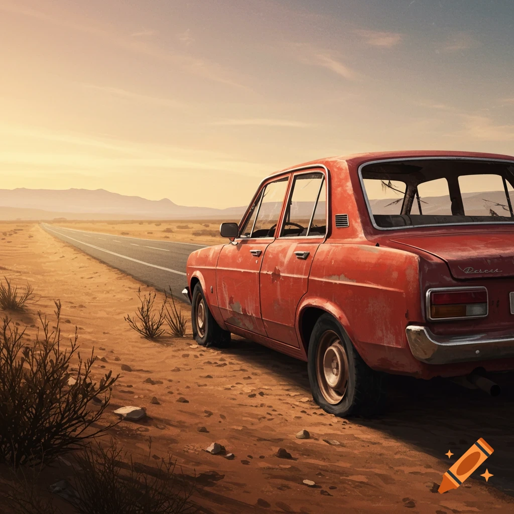 A rusty red broken-down car is parked on the side of a desert road stretching towards distant mountains at sunset.