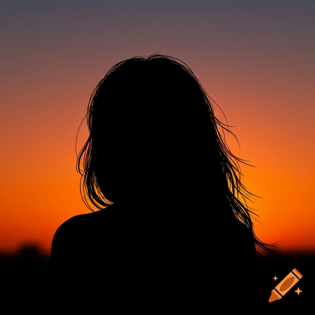 Silhouette drawing of a person's head and shoulders against an orange and purple sunset sky.