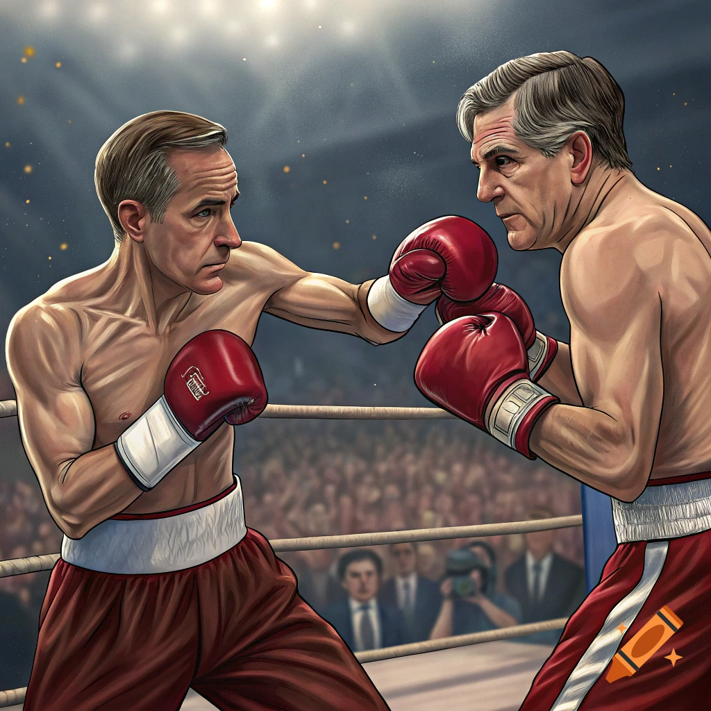 Illustration of two men boxing in a ring.