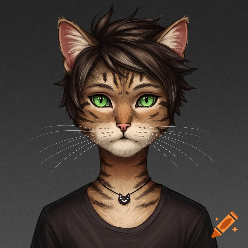 Portrait of an anthropomorphic cat character with green eyes, brown tabby fur, short hair, and a cat necklace