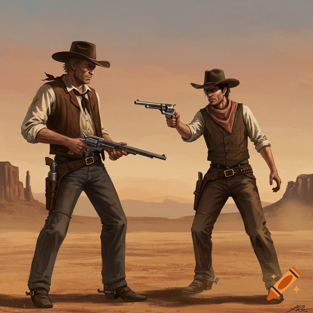 Two cowboys in a standoff in a desert.