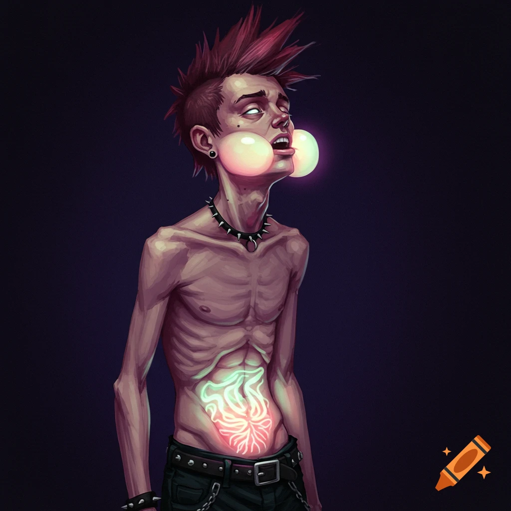 A person with a punk aesthetic, featuring a thin build, a stomach that glows, and bubbles on their cheeks.