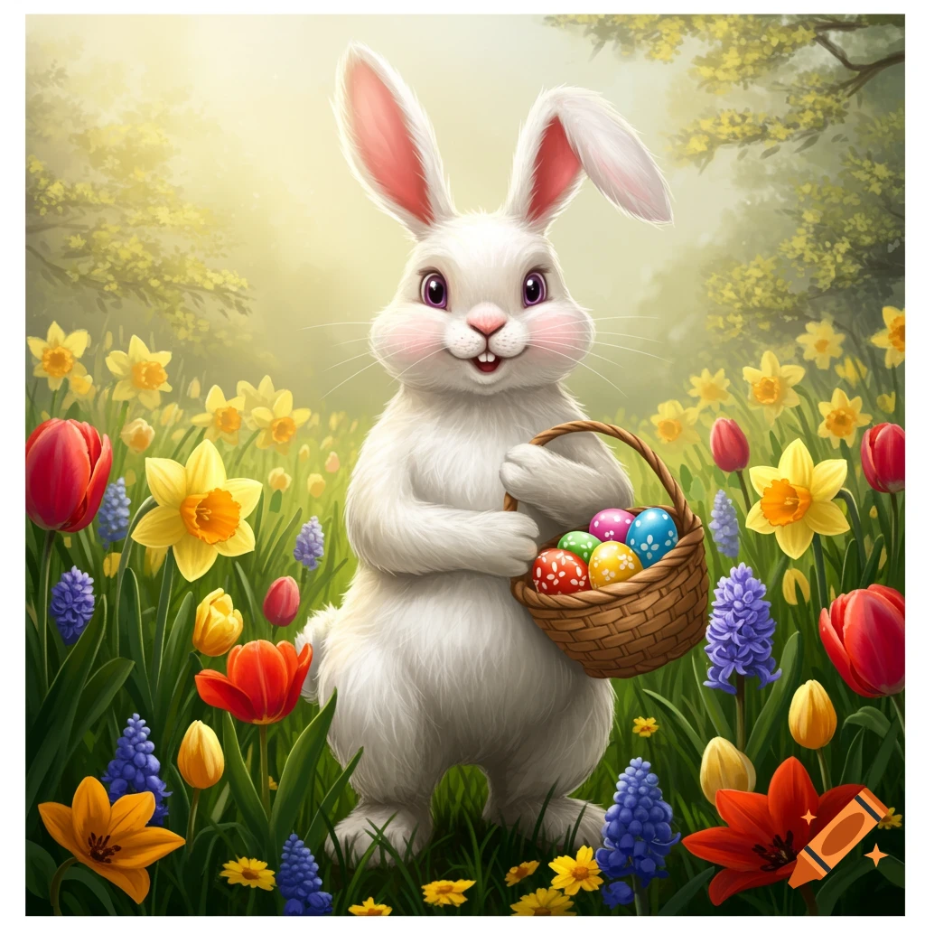 An Easter bunny holding a basket of eggs in a meadow of spring flowers.