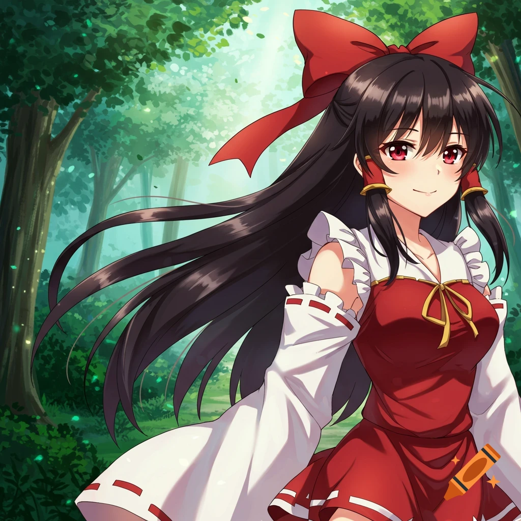 An anime girl with a red ribbon and red dress is smiling in a forest.
