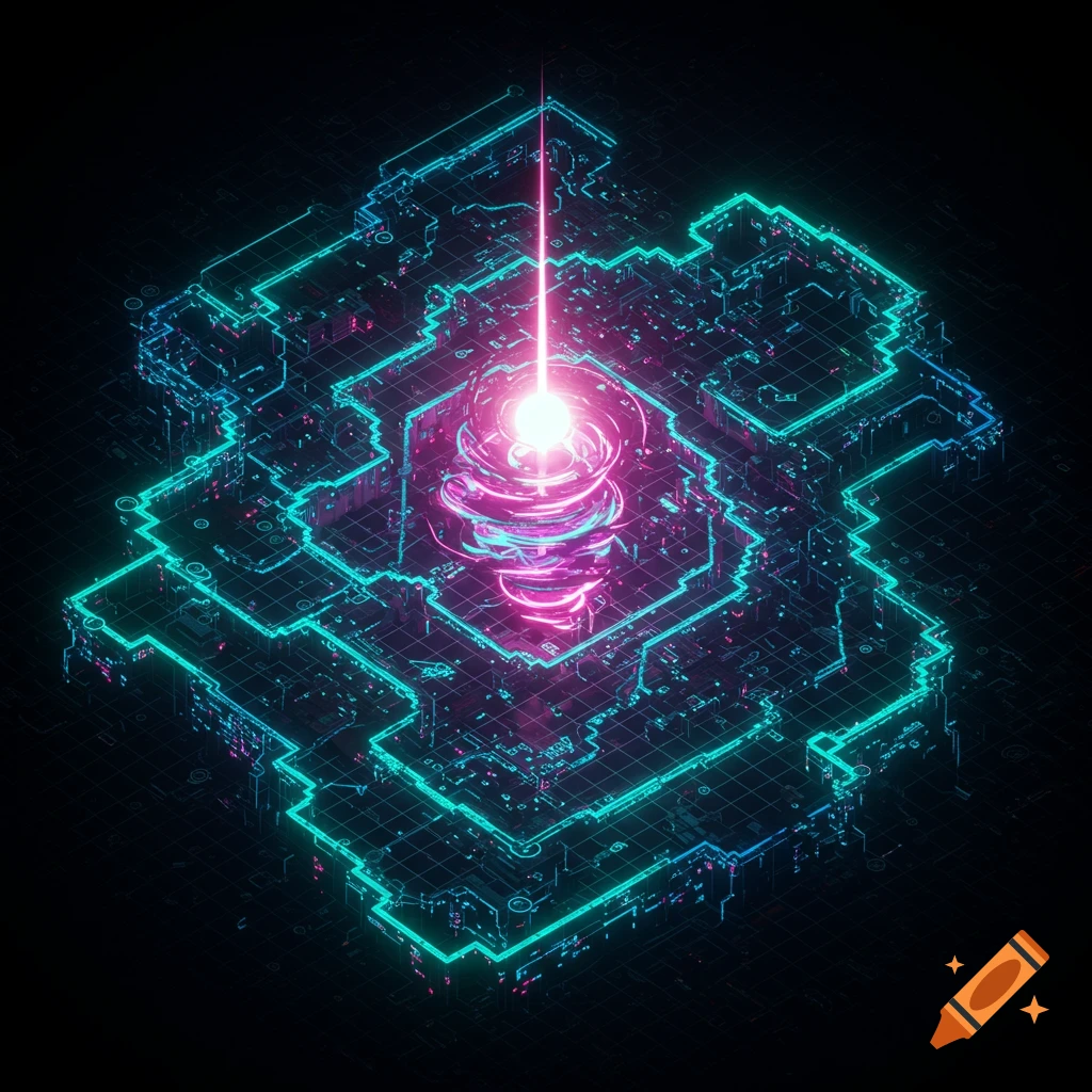 An abstract digital structure glows with neon teal lines and a bright pink energy beam emanating from the center.