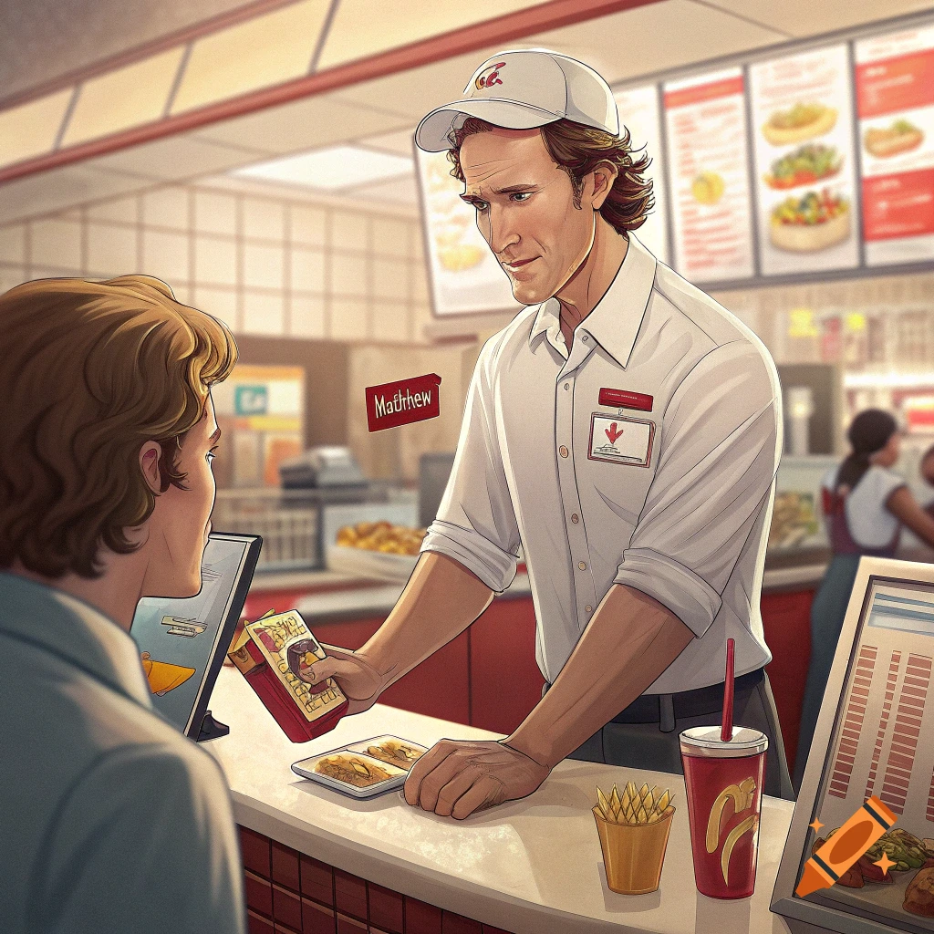 Illustrated scene of a man in a fast food uniform serving a customer at a counter.