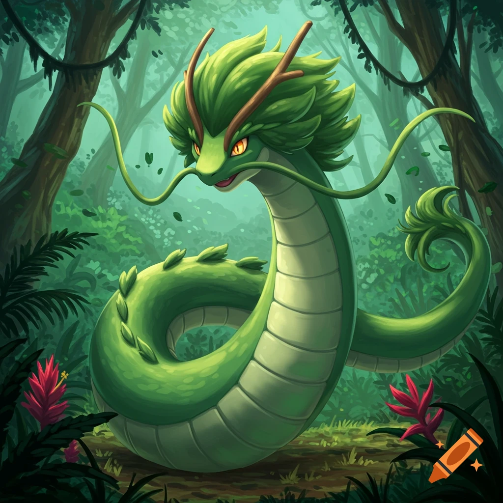 A green serpentine dragon-like creature sits in a lush jungle.