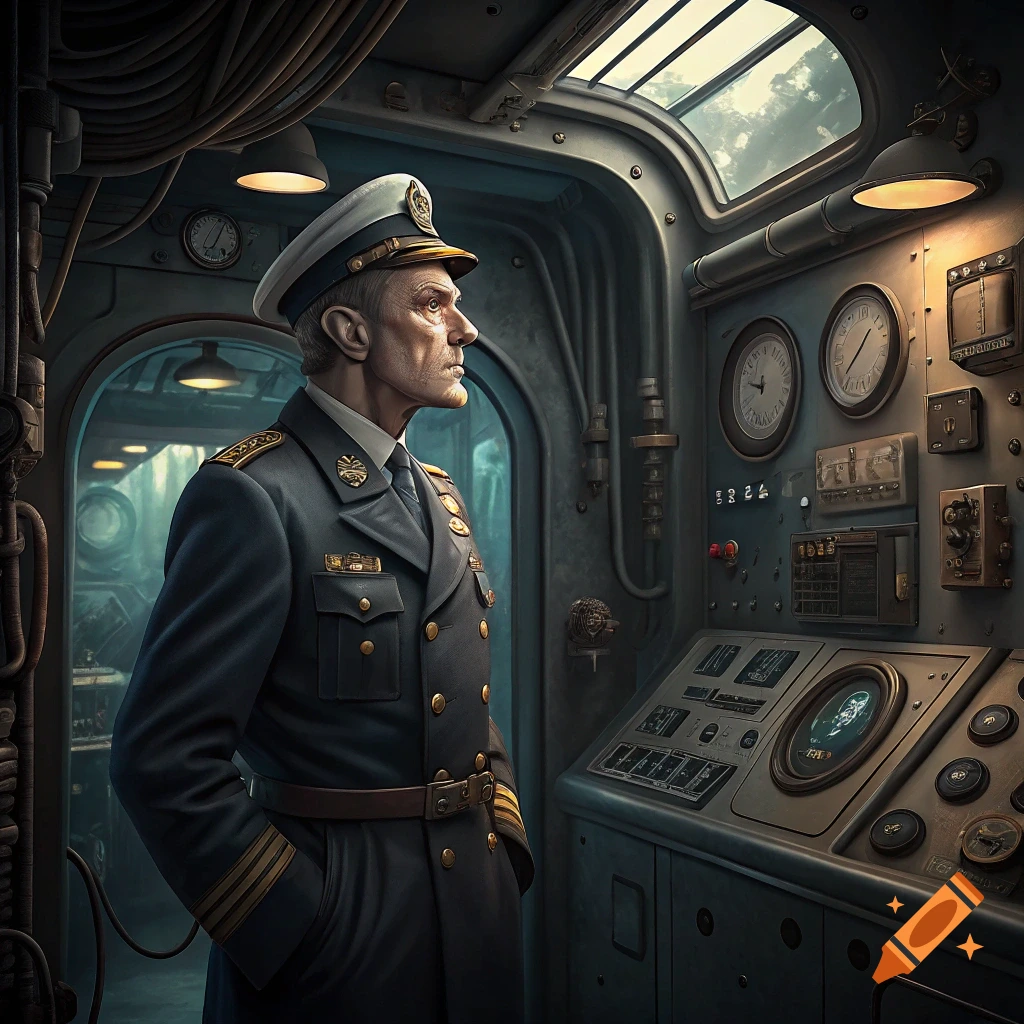 A man in a naval uniform stands in a detailed submarine control room, looking to the side.