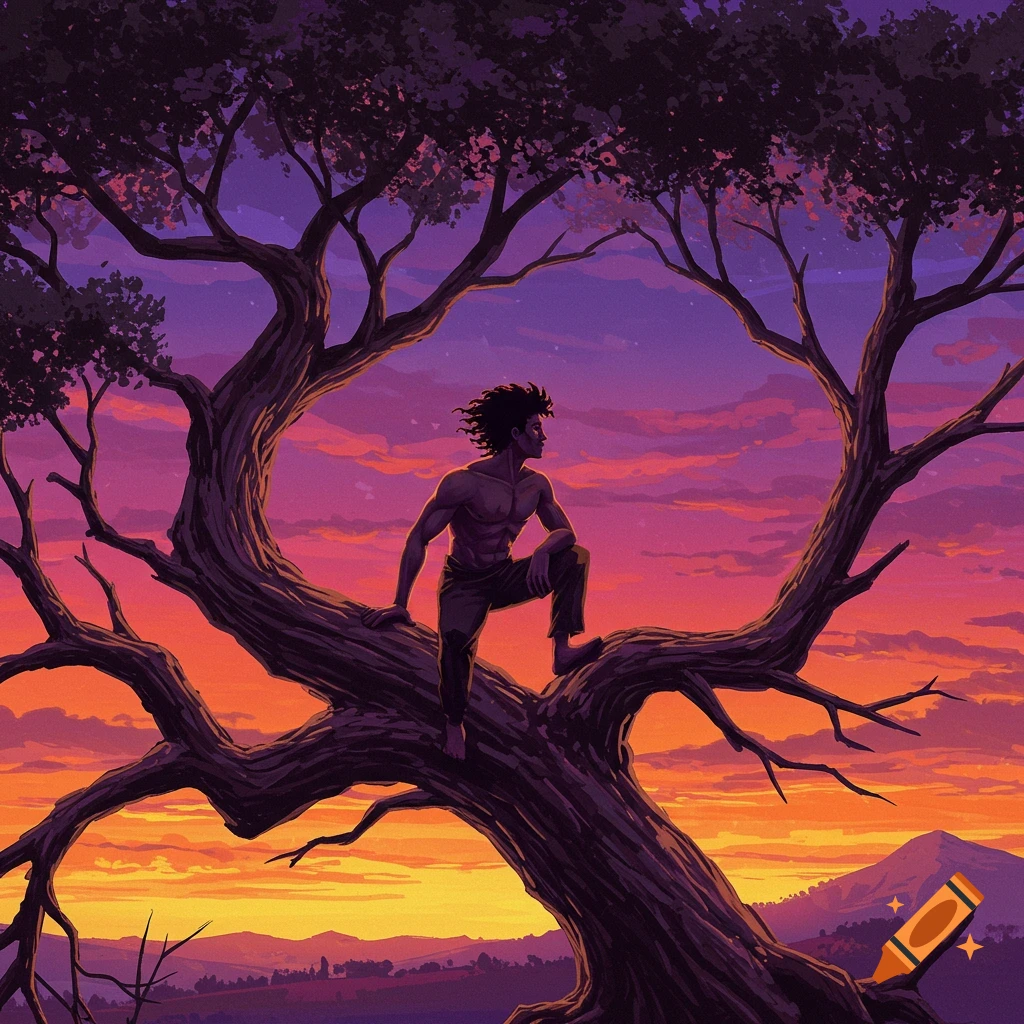 A shirtless man sits on a tree branch against a vibrant sunset sky.