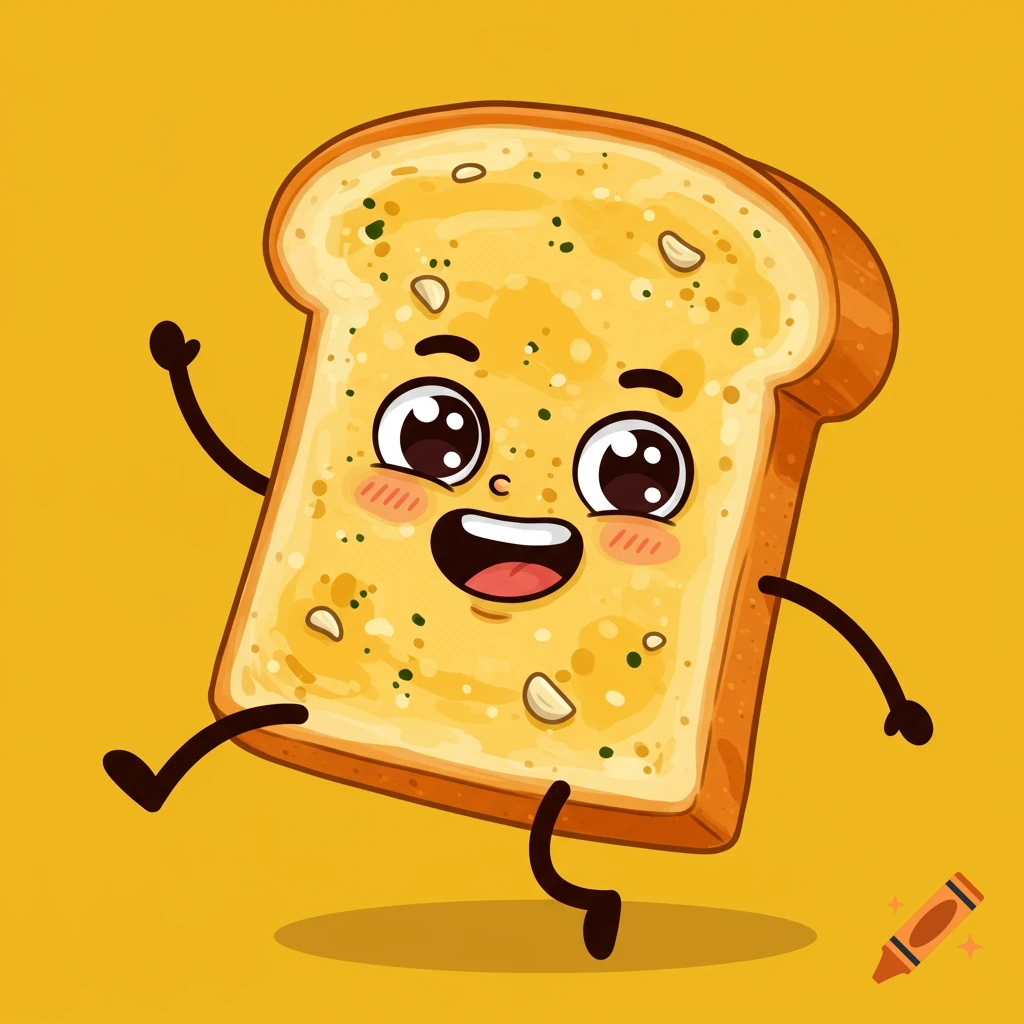 A cute cartoon slice of garlic bread with a happy face and limbs.