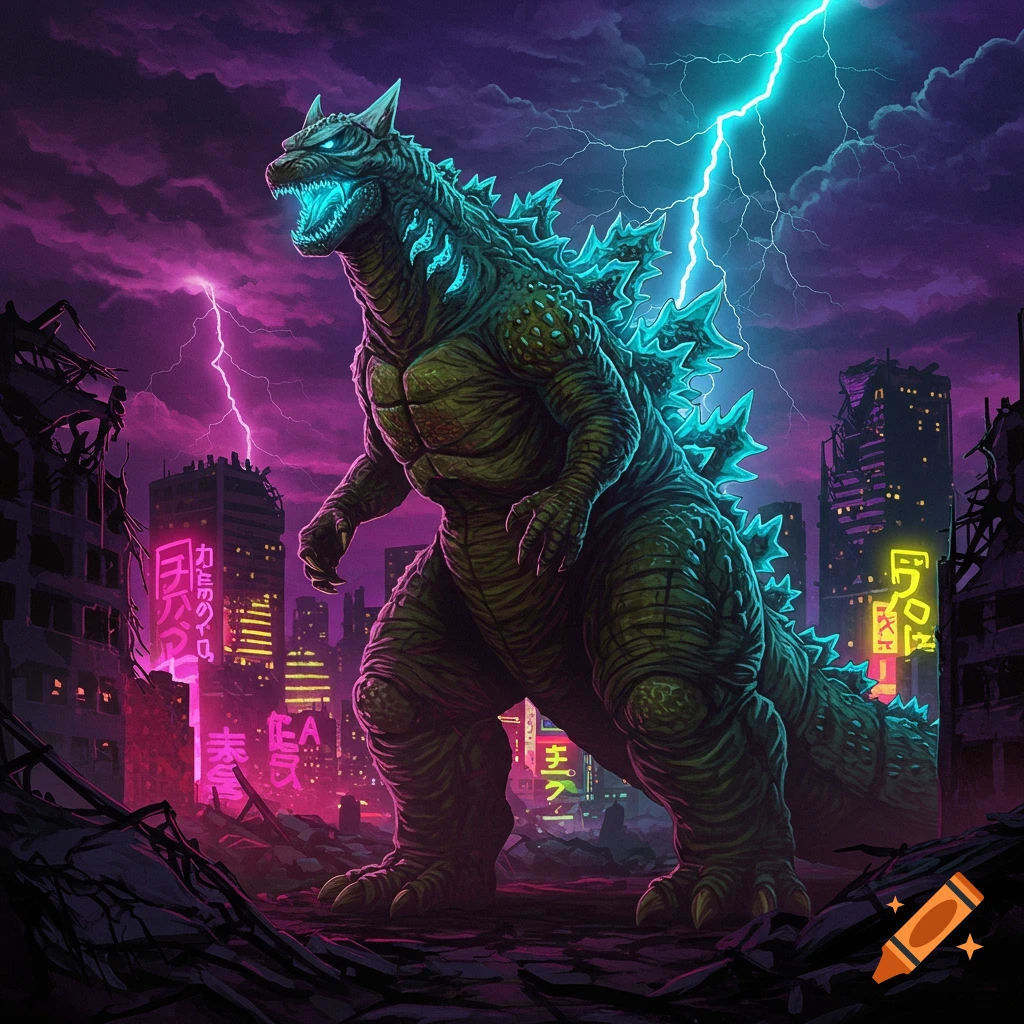 Godzilla in a destroyed city during a storm