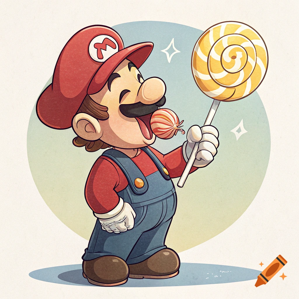 Cartoon illustration of Mario licking a lollipop.