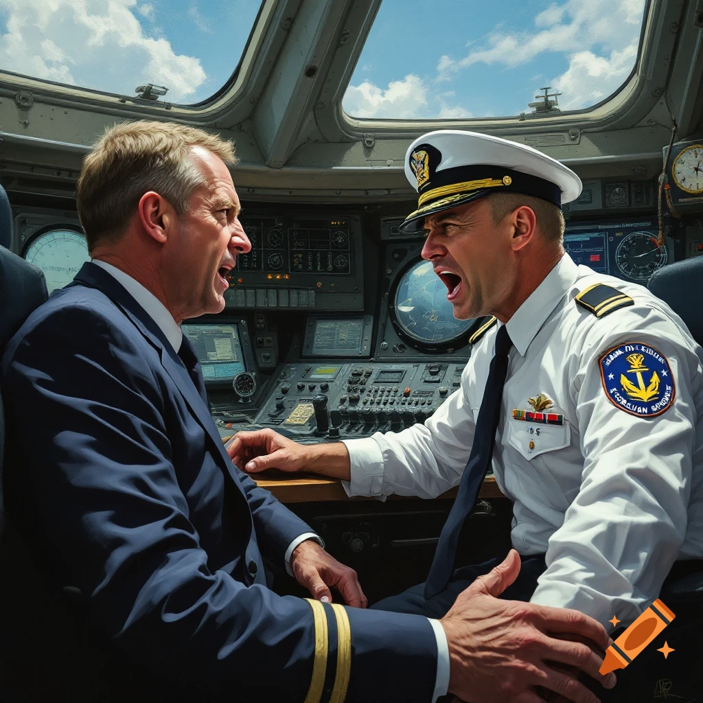 Two men, one in a suit and one in a naval uniform, yell at each other in a submarine control room.