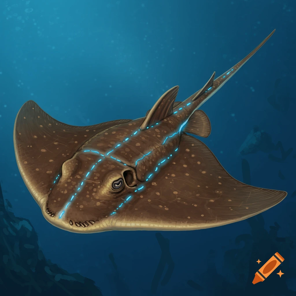 A brown stingray with blue glowing lines underwater.