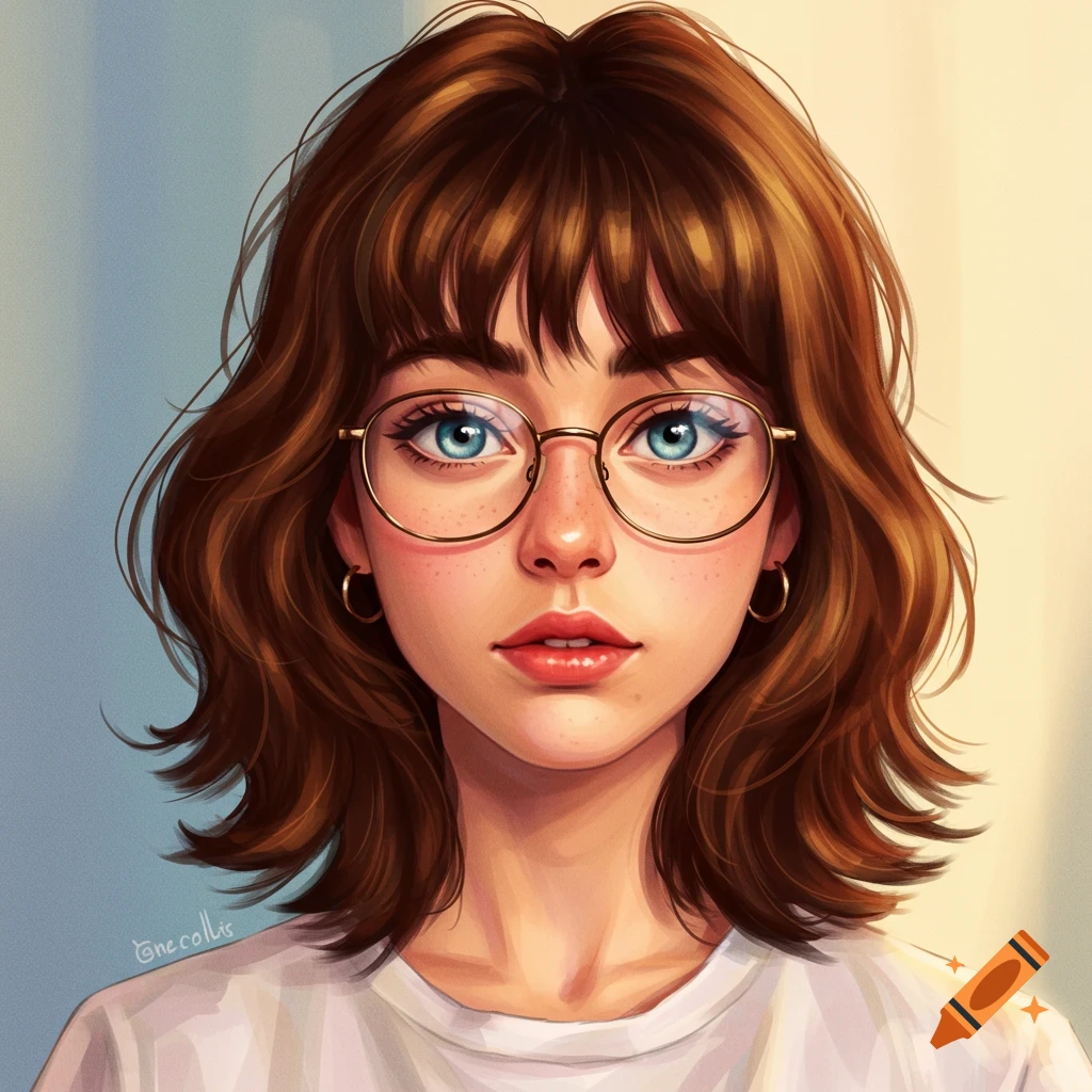 A young woman with brown hair and glasses is looking forward.