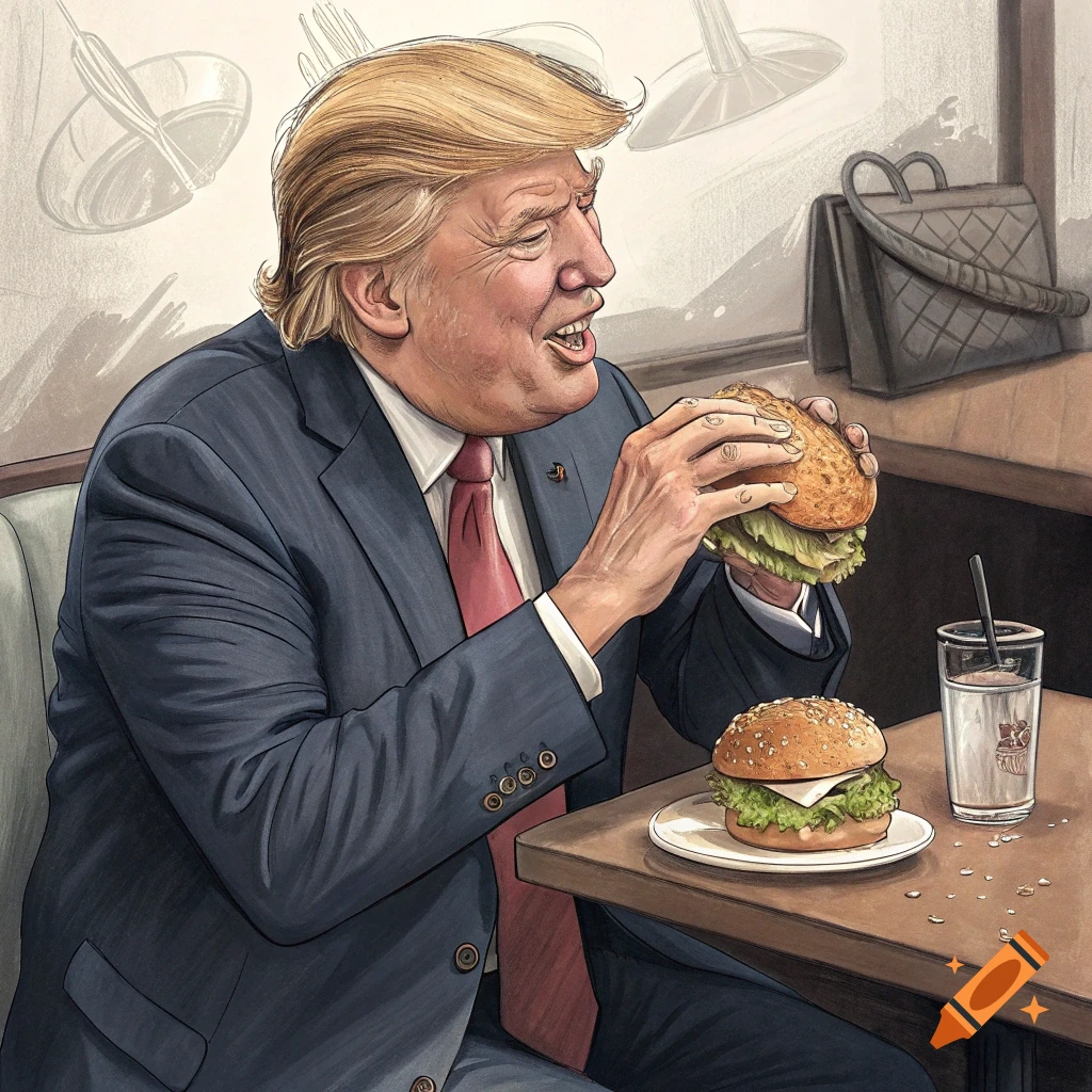 Illustration of Donald Trump eating a burger in a restaurant.