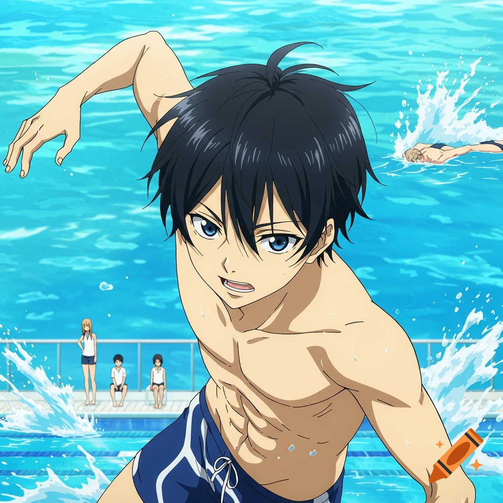 Anime character swimming freestyle in a pool