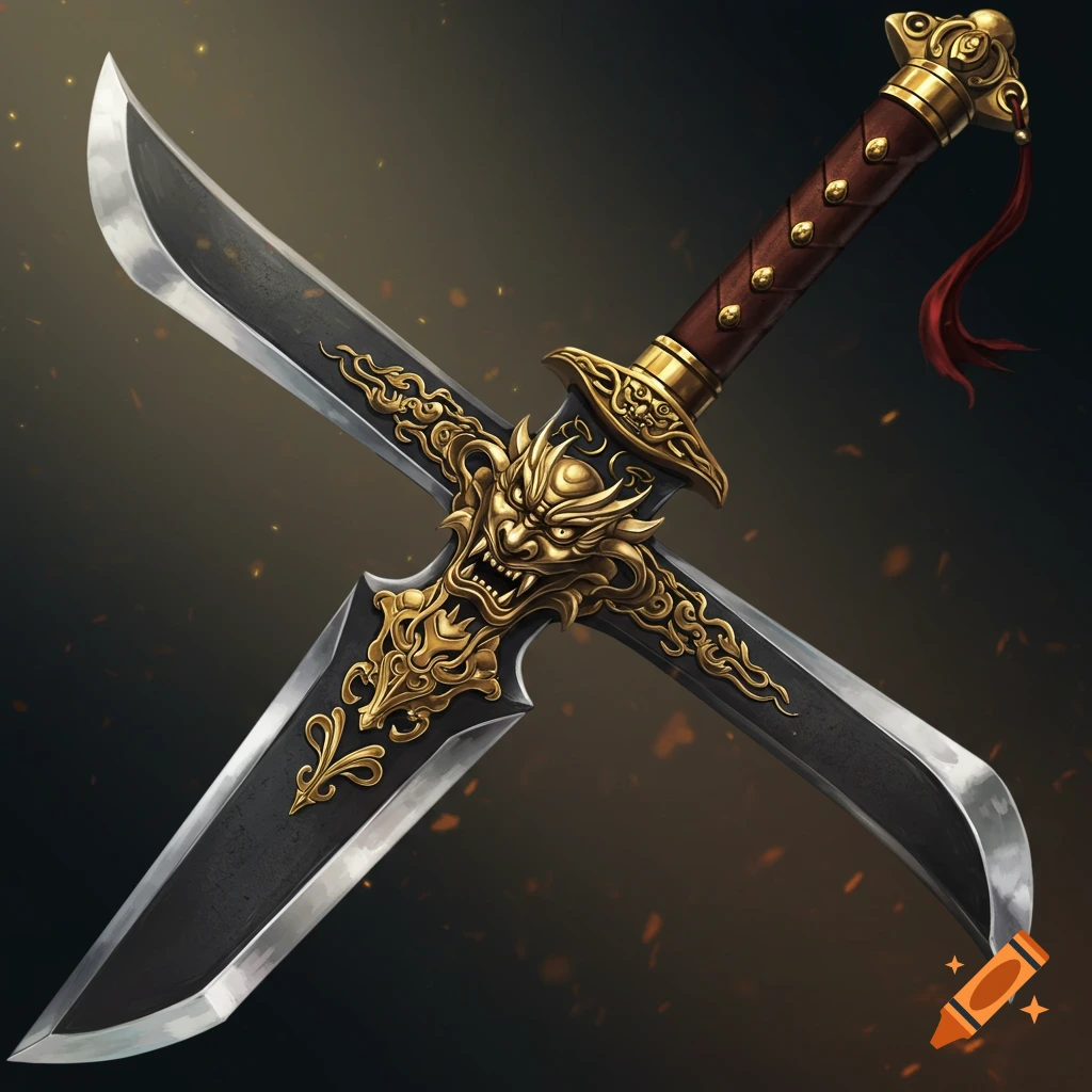 A stylized fantasy sword with a demonic face guard.
