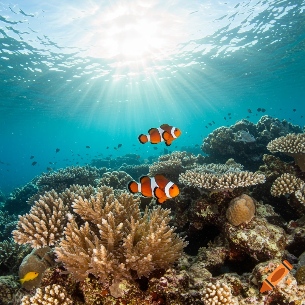 Two clownfish swim among vibrant coral reefs underwater with sunbeams filtering down.