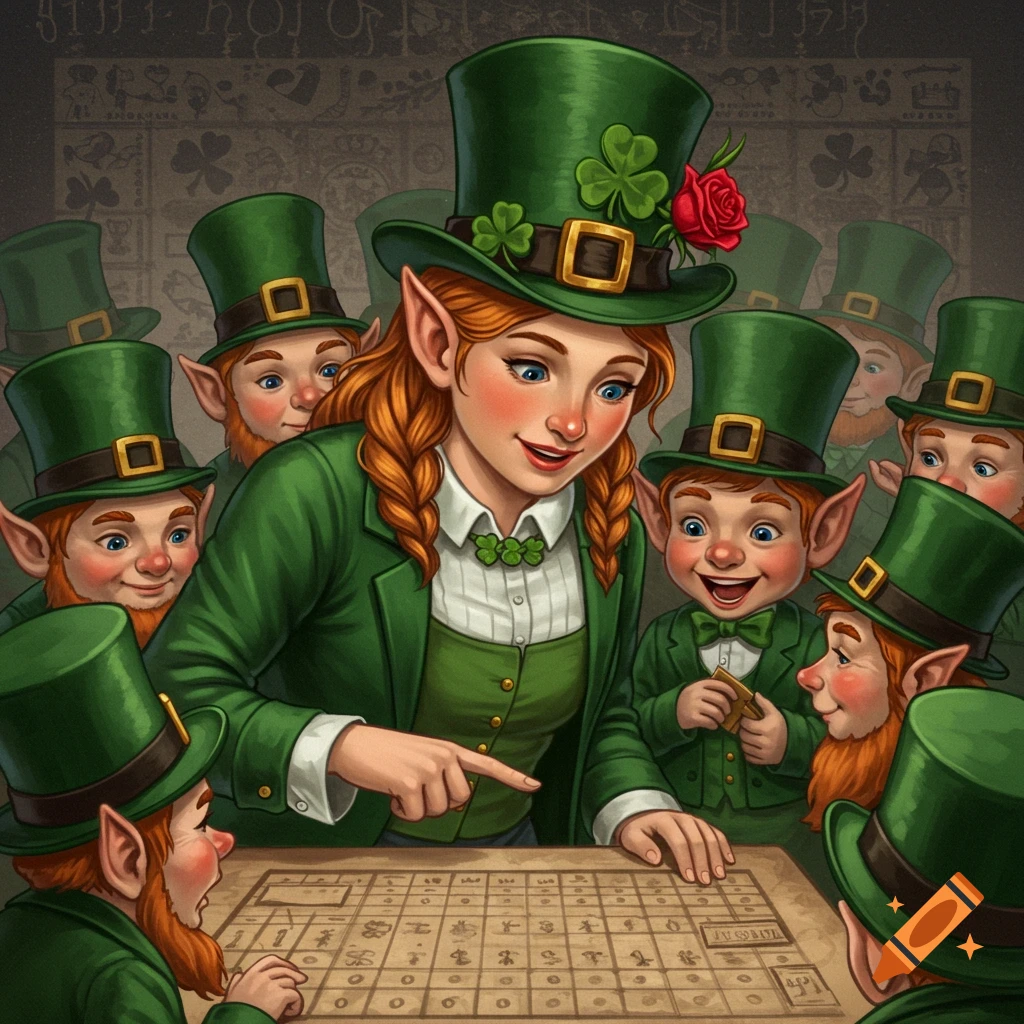 Illustration of female elf/leprechaun pointing at a board game ...