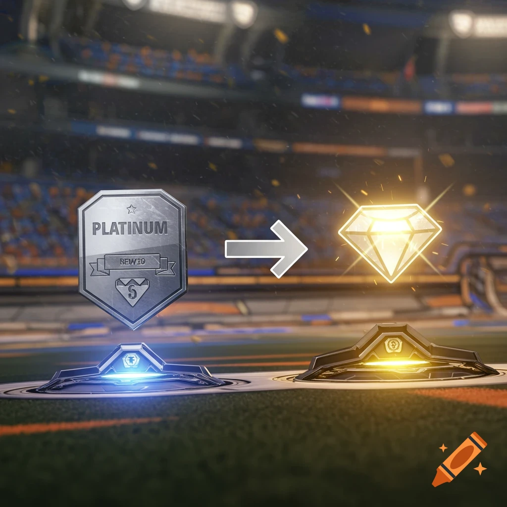 A silver badge with 'PLATINUM' and 'NEW: EO' pointing right to a glowing diamond, in a stadium setting.