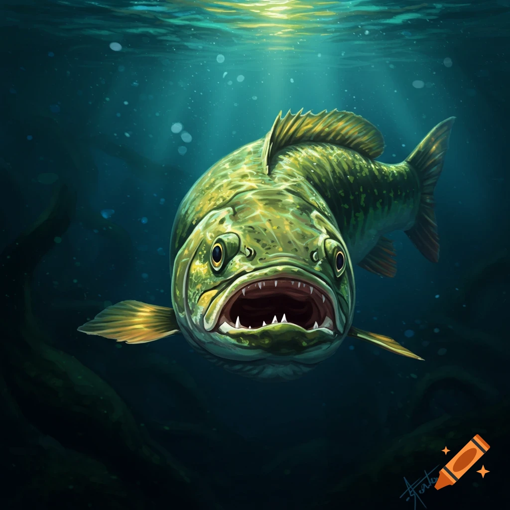 An underwater view of a muskie fish with its mouth open, looking forward.
