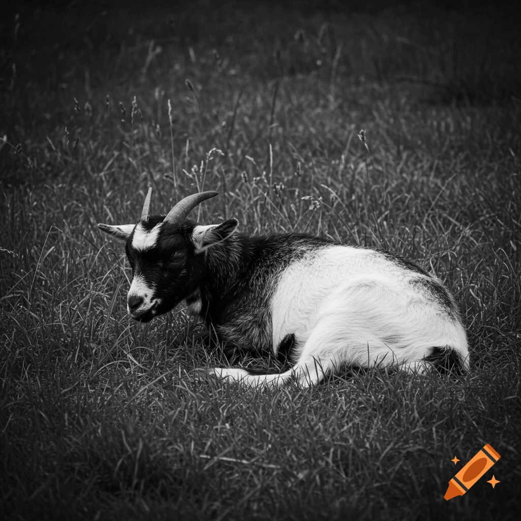 A black and white photo of a goat lying in tall grass.