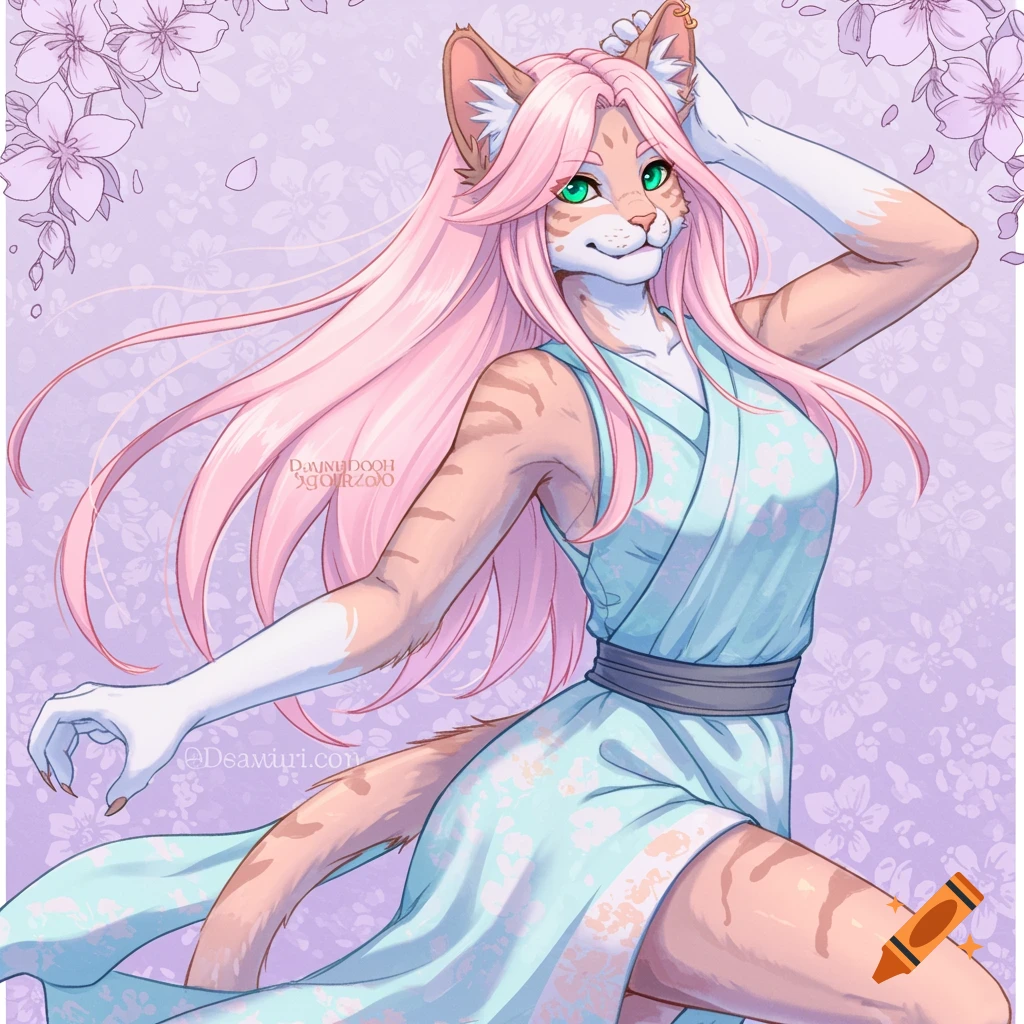 A feline anthro with pink hair and green eyes is wearing a blue floral dress and striking a dynamic pose in the style of anime.