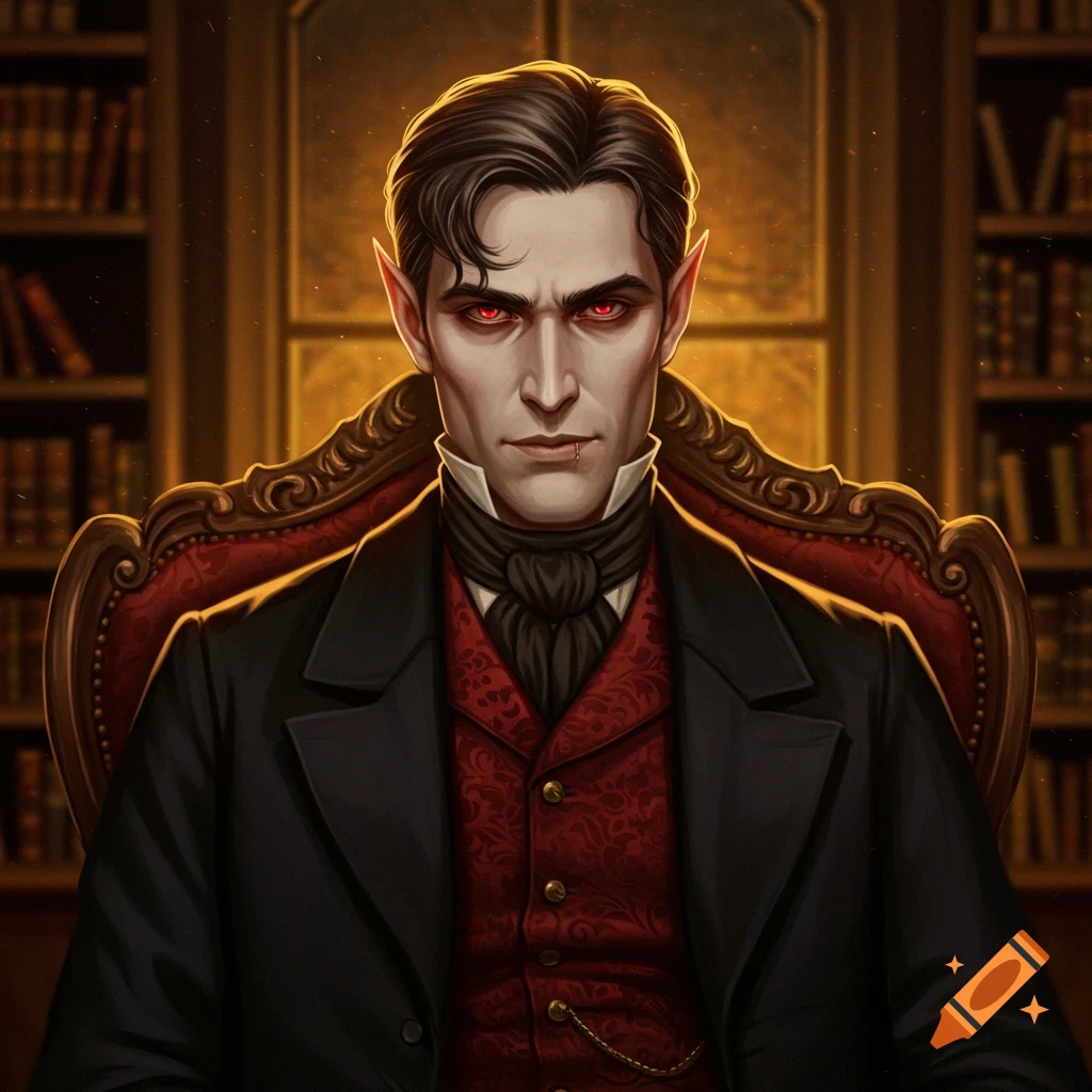 A Victorian vampire with red eyes seated in a chair