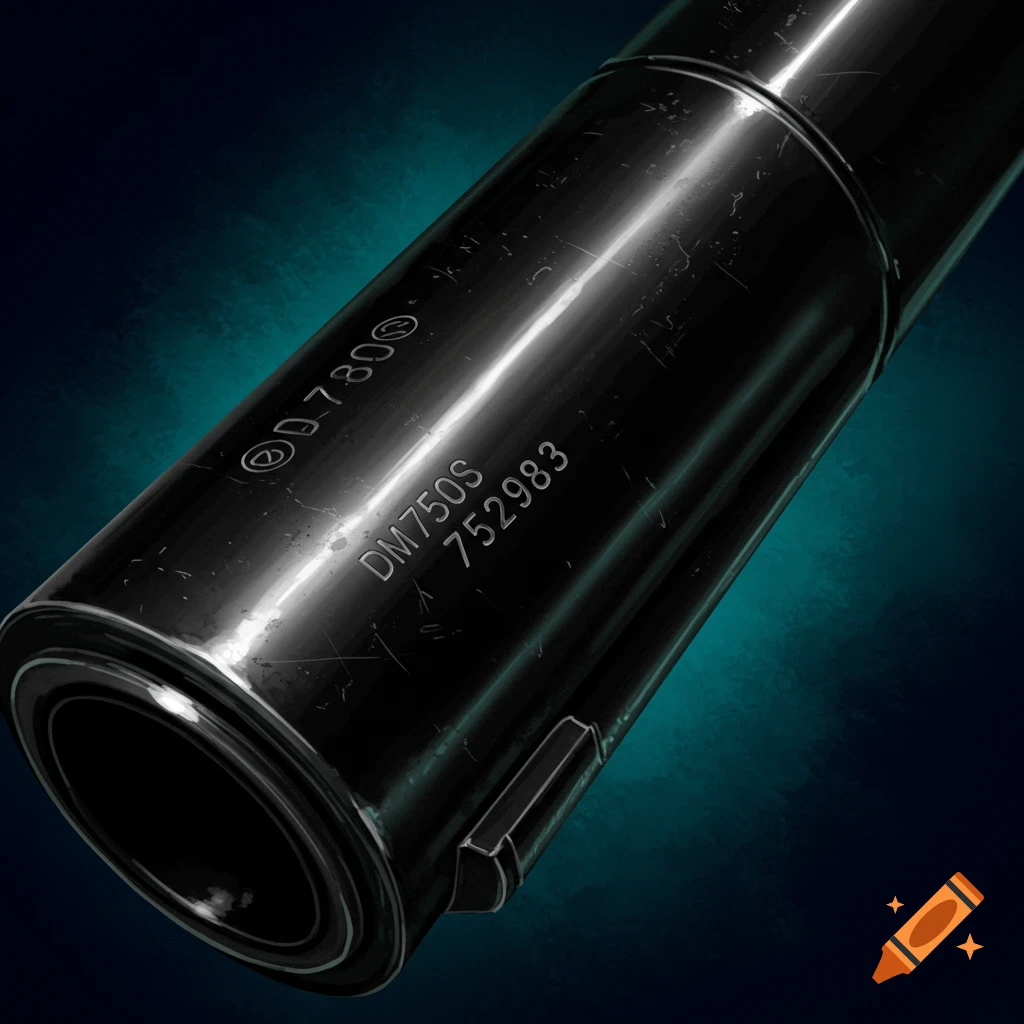 A black metal tube with text markings DM750S 752983