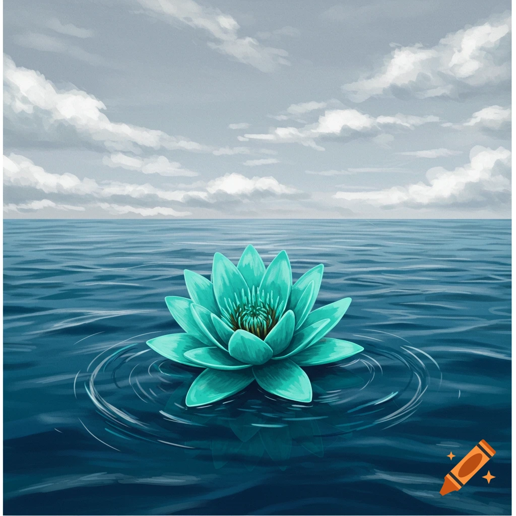 A teal lotus flower floats on dark blue ocean water under a cloudy grey sky.