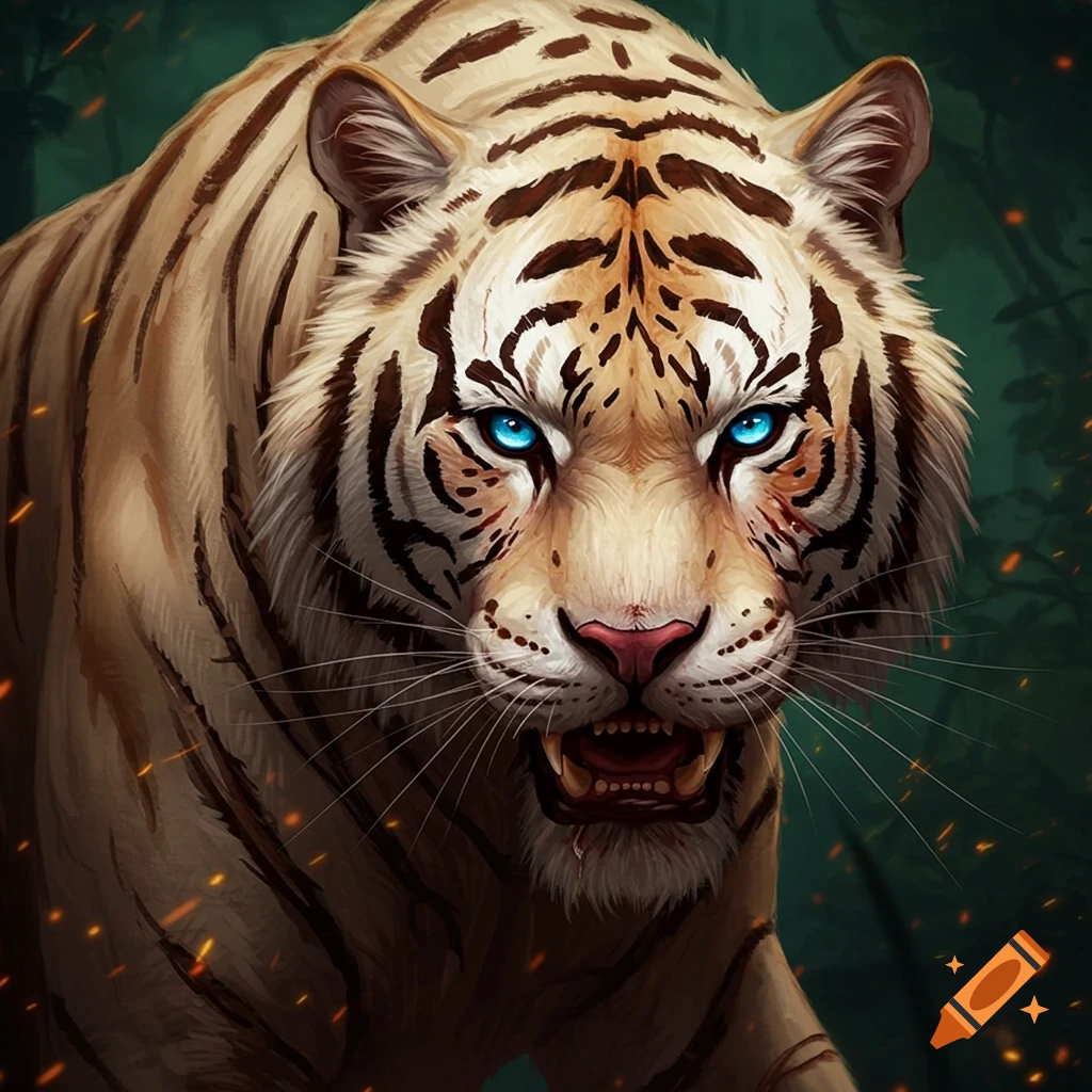 A fierce white tiger with bright blue eyes and stylized injuries in a forest.