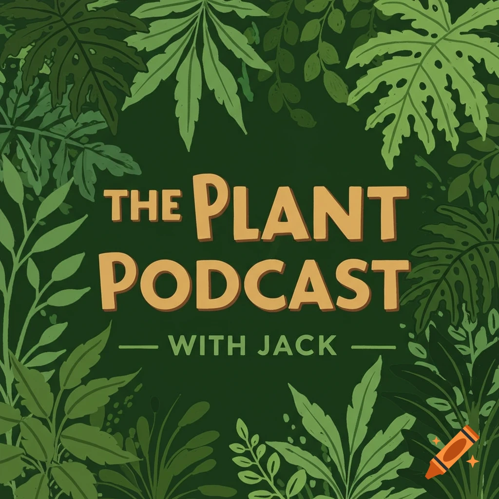 A podcast logo with text and leafy plants on a dark green background.